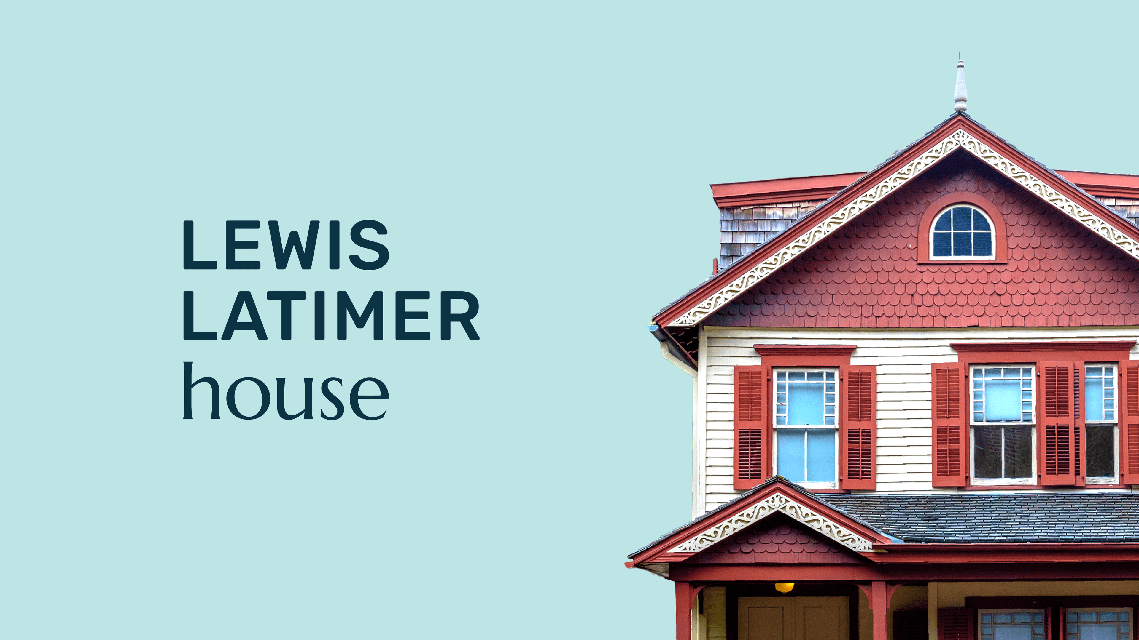 Lewis Latimer house logo against pale blue background with picture of house on the right.