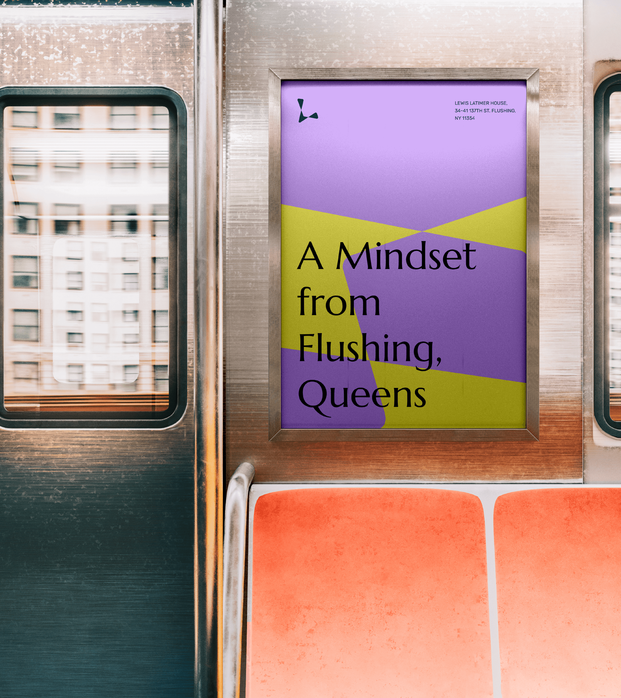 Interior view of subway car, showing Lewis Latimer house banner above seat.