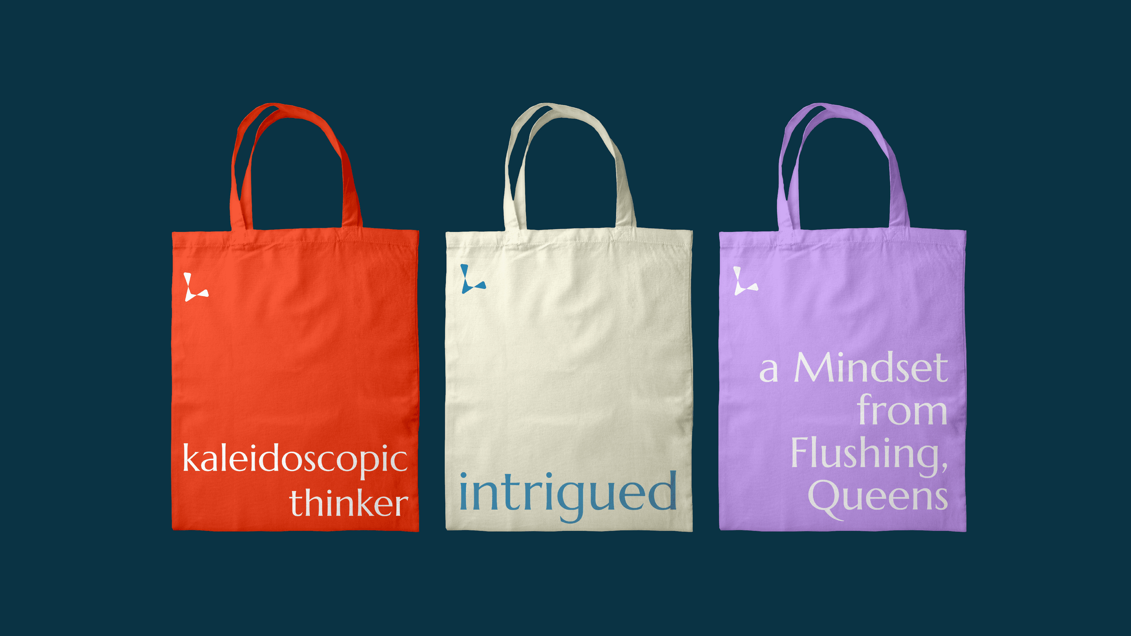 Navy blue background showing three tote bag mockups.