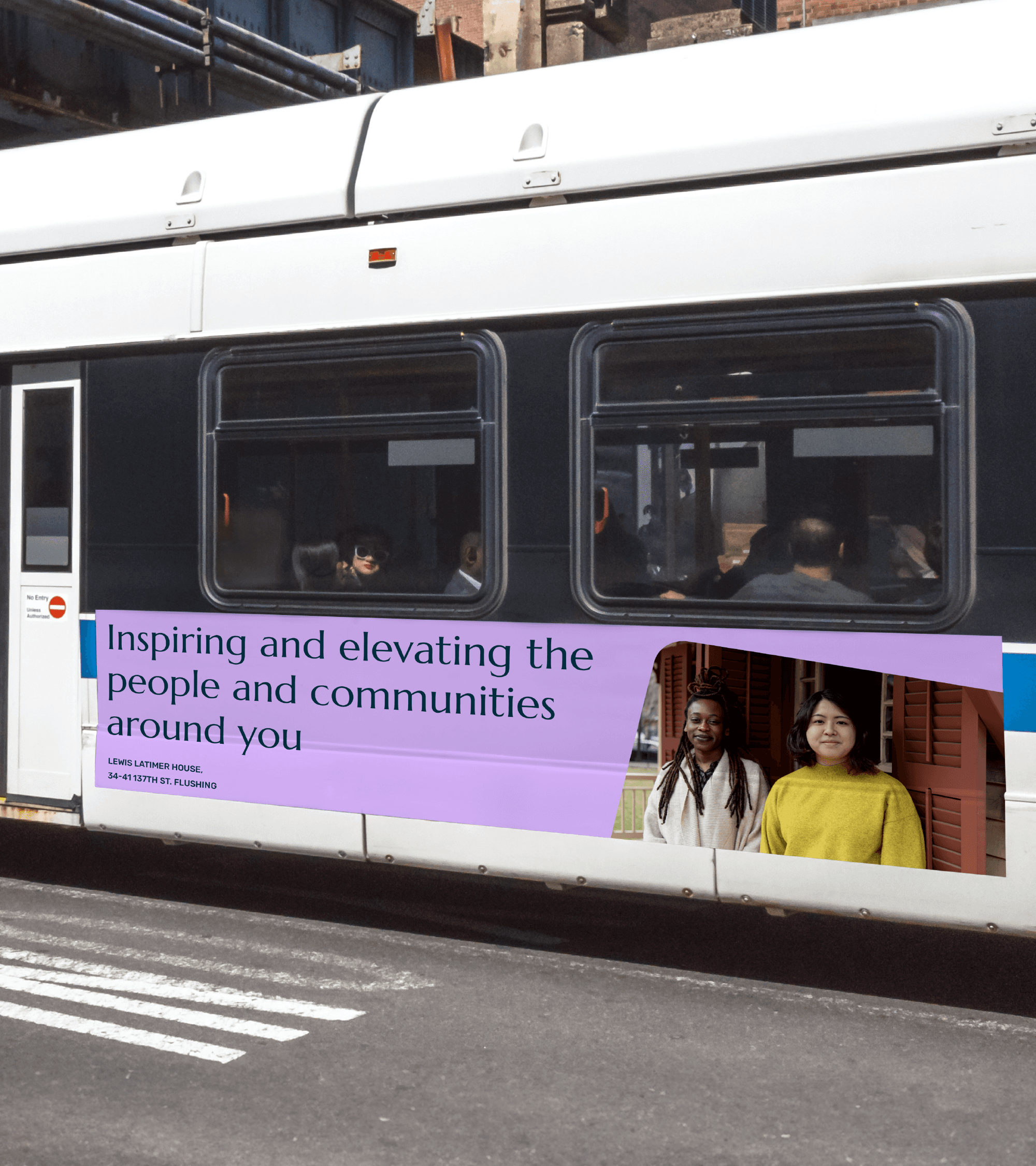 City bus with Lewis Latimer house banner on outside.